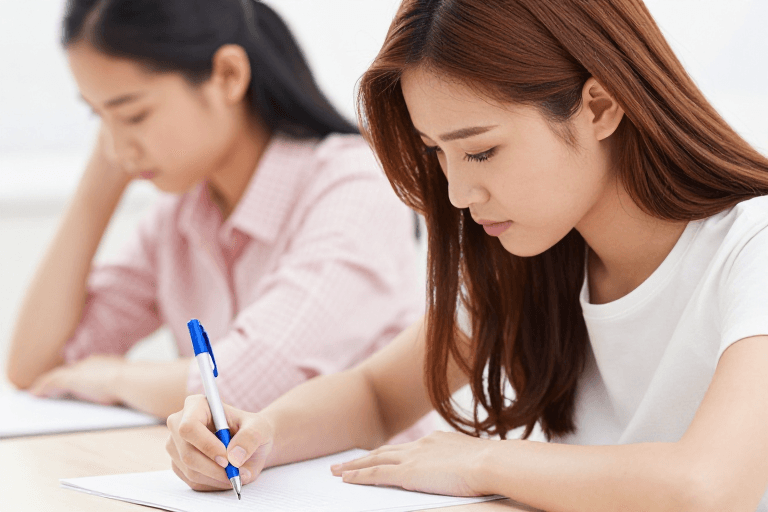 专注学习素材：专注书写：两位亚洲女学生的学习时刻