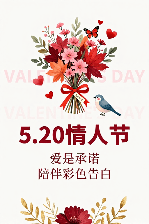 情人节素材：浪漫手绘情人节海报：甜蜜告白与深情陪伴