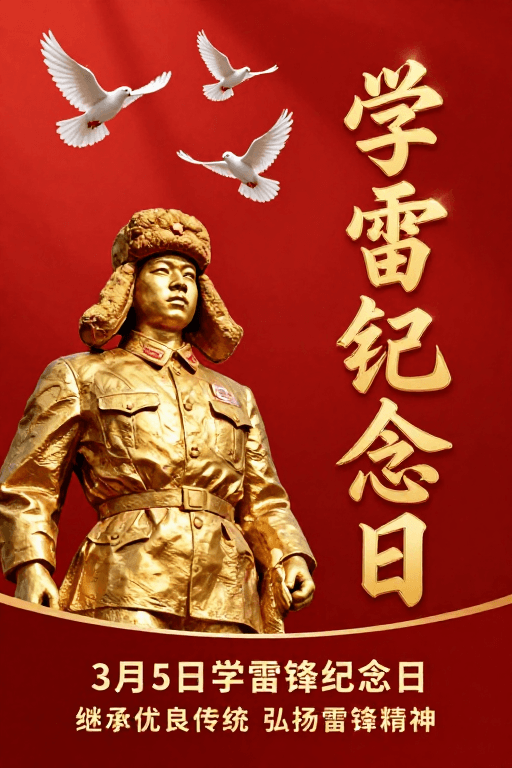 庄重风格素材：雷锋纪念日红金浮雕海报：庄严纪念与和平鸽飞翔