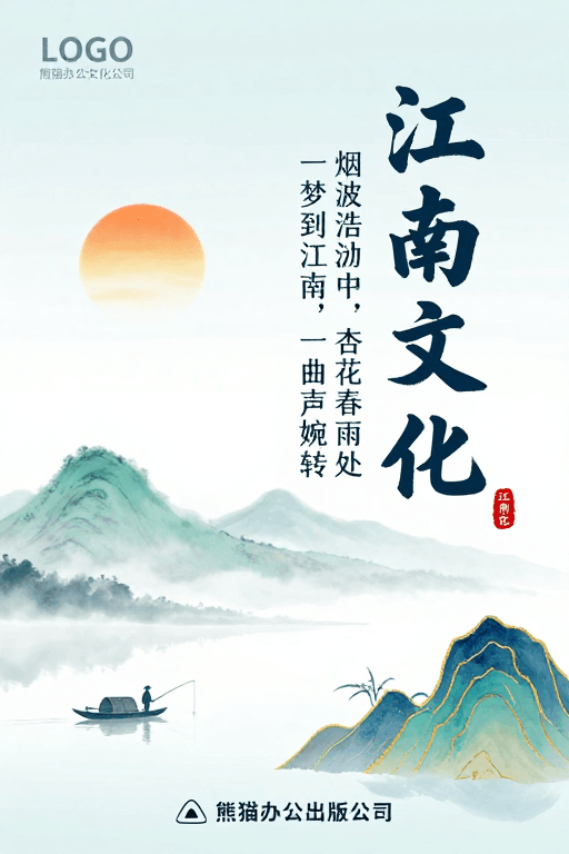 诗意场景素材：水墨江南诗意画卷：传统书法与山水意境融合