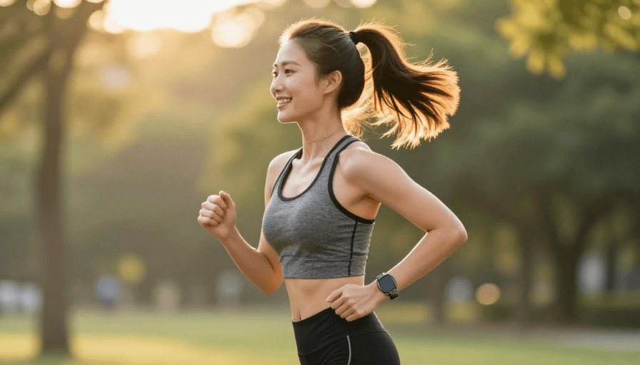智能穿戴素材：活力绽放：亚洲女性晨跑闪耀侧逆光