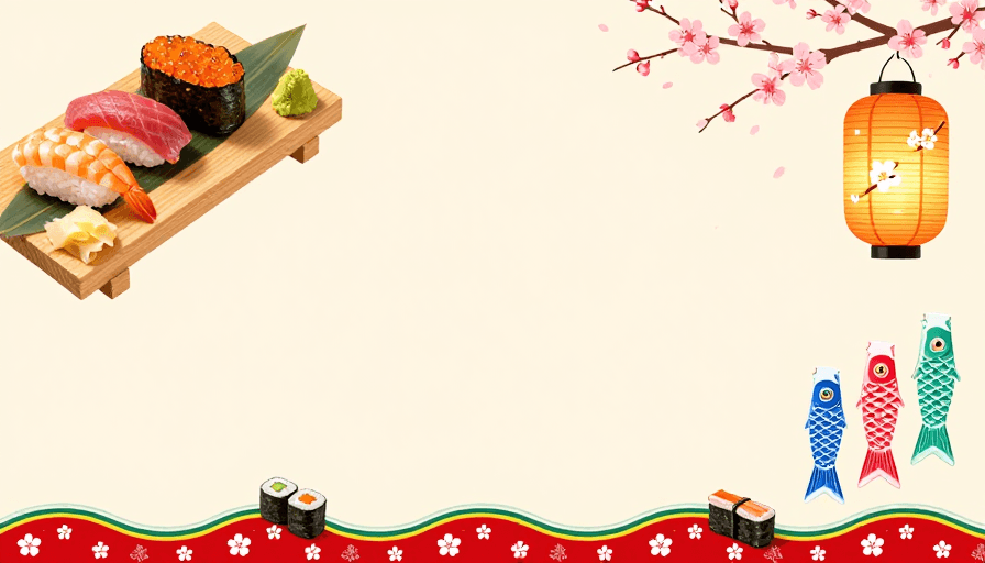 清新插画素材：雅致日式寿司插画：樱花灯笼点缀的美食场景