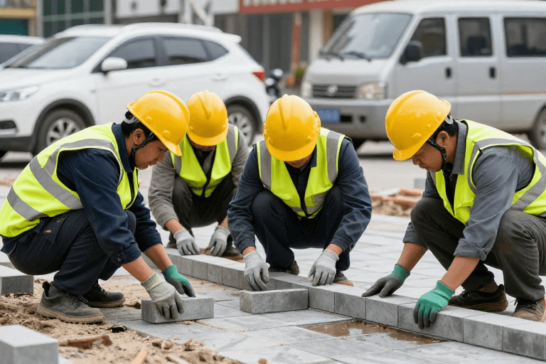 城市街道素材：市政工程实景：五名工人专注铺设灰色地砖