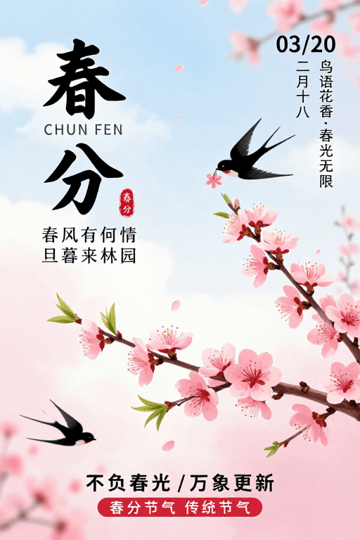 春分节气素材：春分雅韵：水墨意境与桃花燕影的春日诗意海报