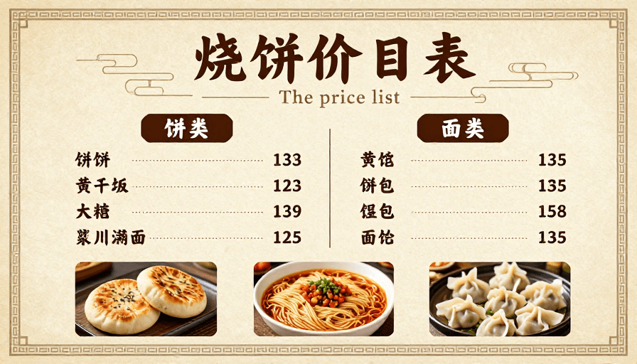 价格展示素材：古风中式烧饼价目表设计