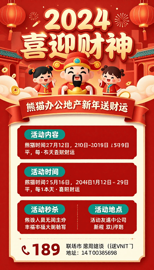 财神爷素材：2024新年迎财神 喜庆团圆海报