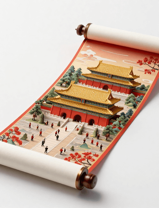历史文化素材：现代中国风：宣纸画卷中的明孝陵奇观