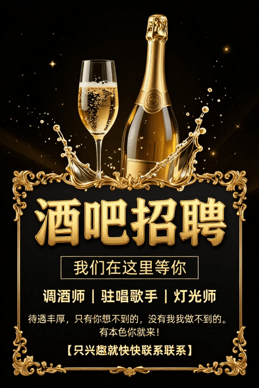 动态水花素材：奢华金箔夜店招聘：调酒师与驻唱等你来加入