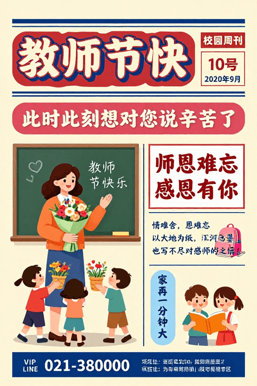 节日贺卡素材：复古手绘教师节暖心校园海报