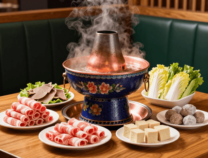 食材特写素材：中式铜火锅美食摄影：暖光下沸腾的盛宴