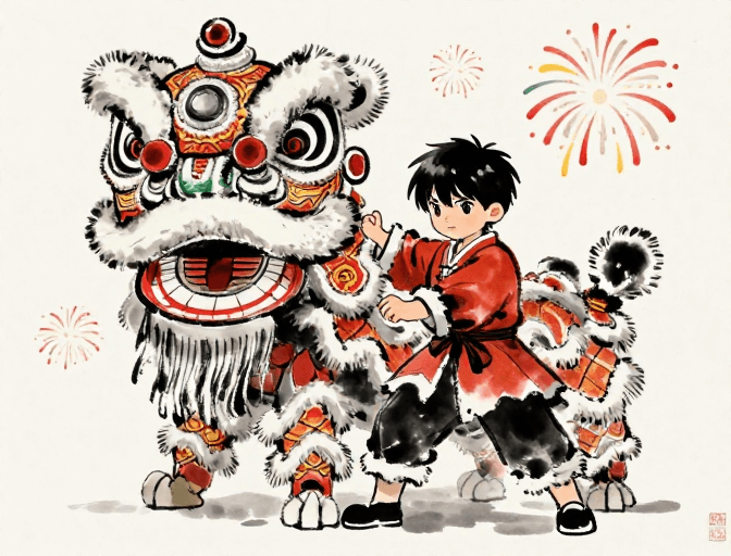 烟花特效素材：水墨醒狮少年迎新：古风新年烟花燃情