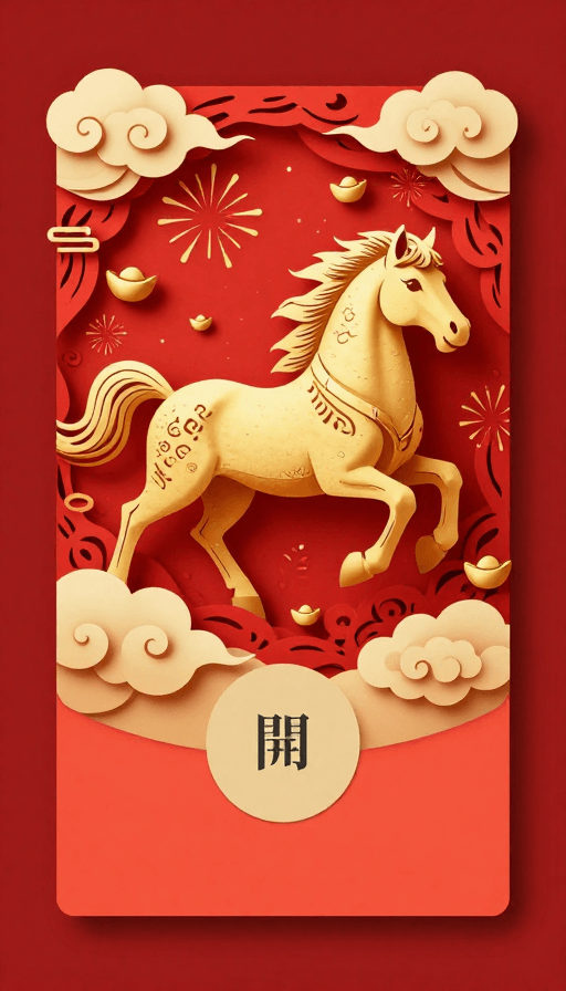 马年素材：喜庆马年剪影：金骏奔跃红包封面设计