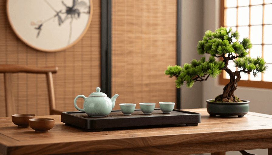禅意空间素材：禅意茶室：青瓷与松影的静谧时光