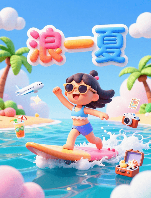 冒险主题素材：夏日狂欢：冲浪少女的奇幻冒险