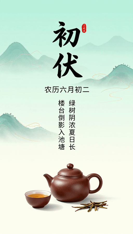 节气海报素材：初伏青绿山水水墨茶韵海报