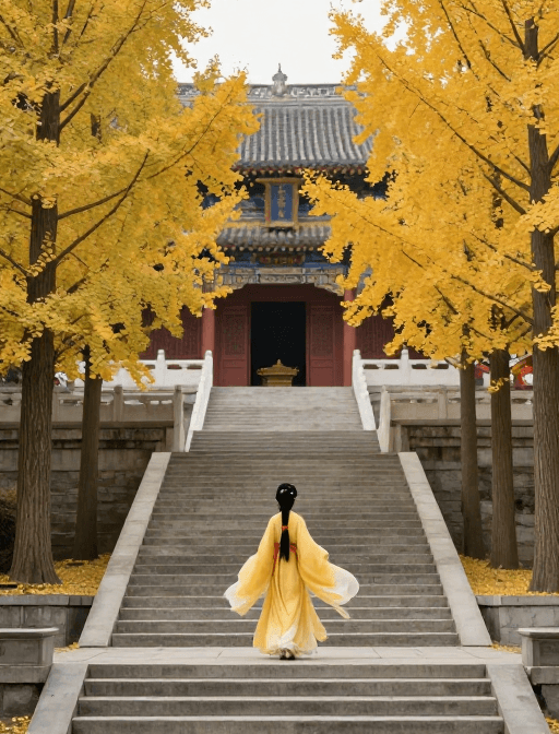 汉服女子素材：千年银杏伴古风女子漫步深山古建筑台阶