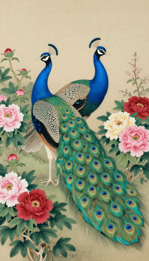 传统中国风素材：工笔宋画蓝孔雀与牡丹的古典意境