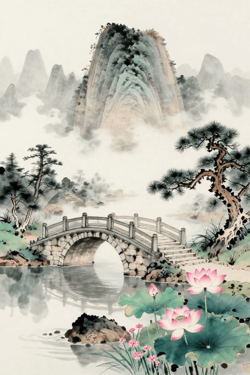 古典园林素材：水墨古韵：云溪石桥与粉荷静景
