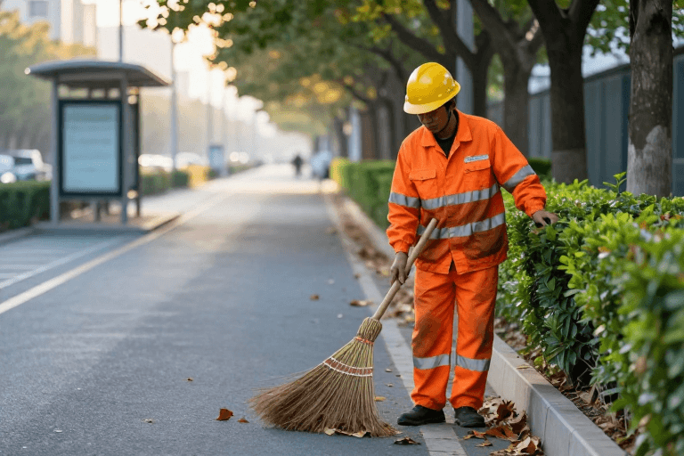 公益宣传素材：晨曦中环卫工人专注清扫 守护城市洁净之美