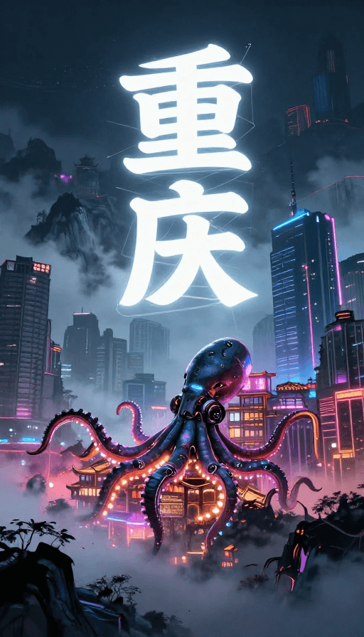 中国元素素材：赛博朋克山水：霓虹穿透水墨云雾的未来重庆