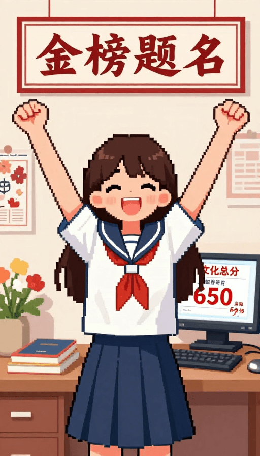 金榜题名素材：像素风少女金榜题名庆祝瞬间