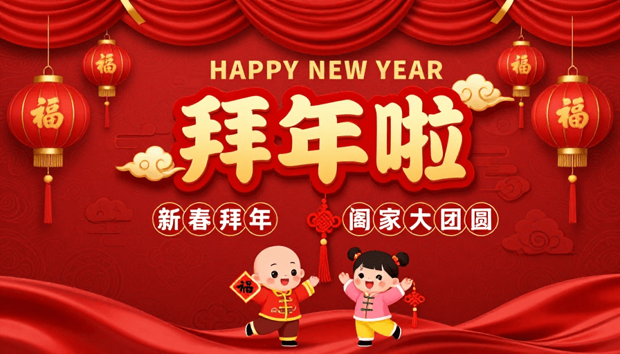 卡通人物素材：红色中国风新年贺卡，卡通儿童与宫灯点缀