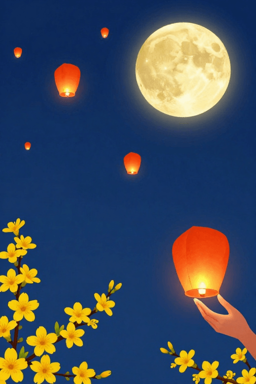 对角线构图素材：深蓝夜空满月与孔明灯，温馨扁平插画