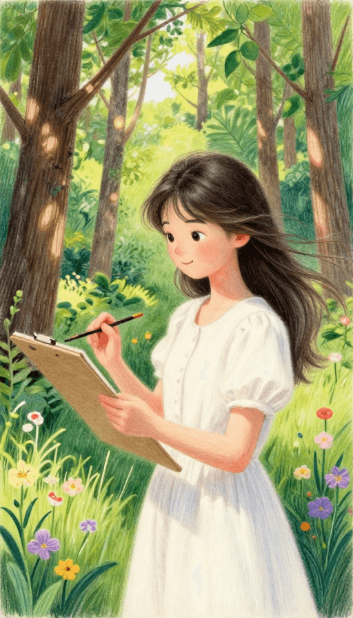 森林风景素材：彩铅笔绘森林：阳光下的少女画家