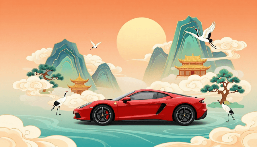 品牌插画素材：青绿山水间红色跑车：东方美学与现代速度的梦幻融合