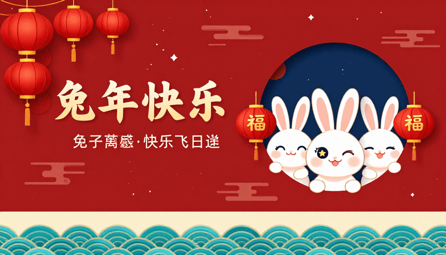 Q版插画素材：福兔迎春，新春喜庆氛围图