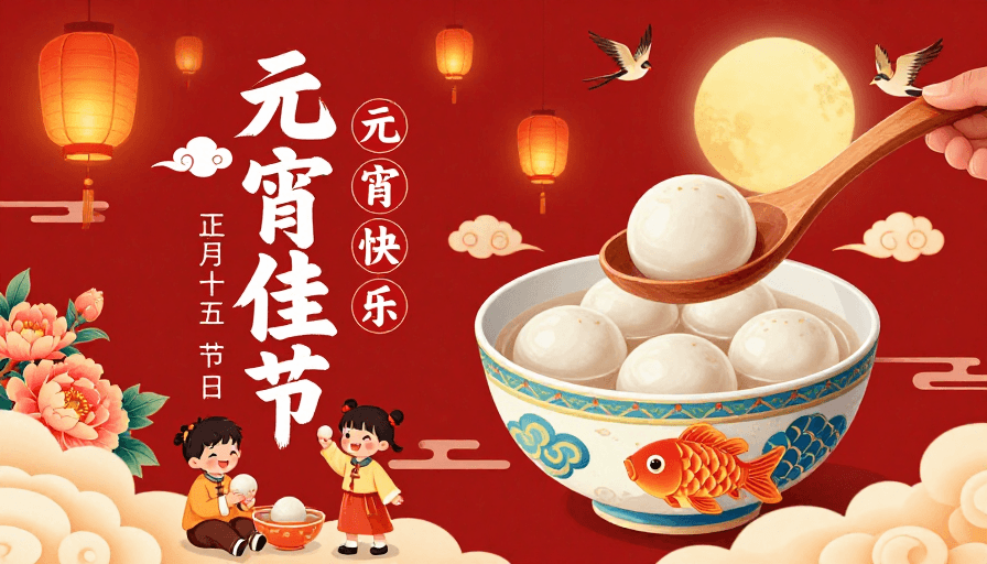 国风插画素材：中国红元宵佳节国风插画海报