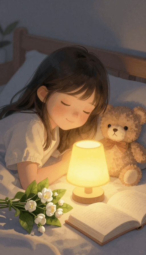 温馨氛围素材：暖黄台灯下的甜蜜睡前插画