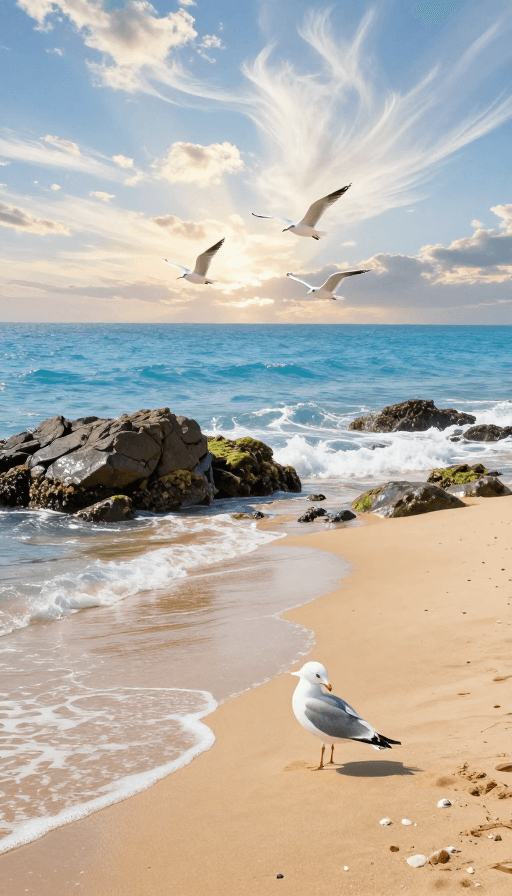 海景摄影素材：晨光下的静谧无人海滩：海鸥与礁石的海边水彩画卷