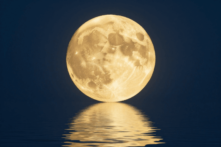 满月素材：深蓝夜空中的金黄满月与宁静水面倒影