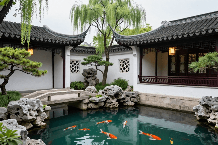 太湖石假山素材：江南古典园林实景：青灰白黛墙与碧池锦鲤