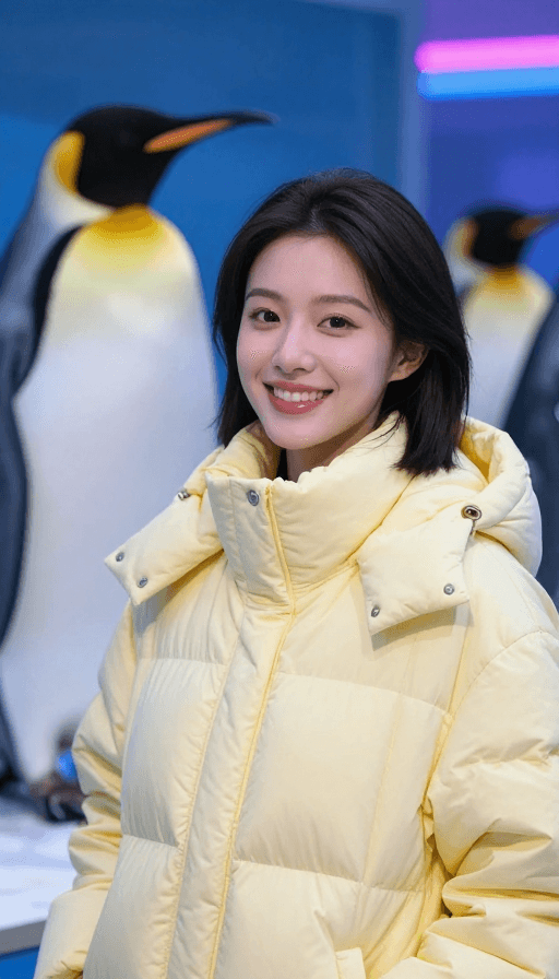 企鹅主题场景素材：极光下的微笑：东方女子与企鹅的霓虹时尚瞬间