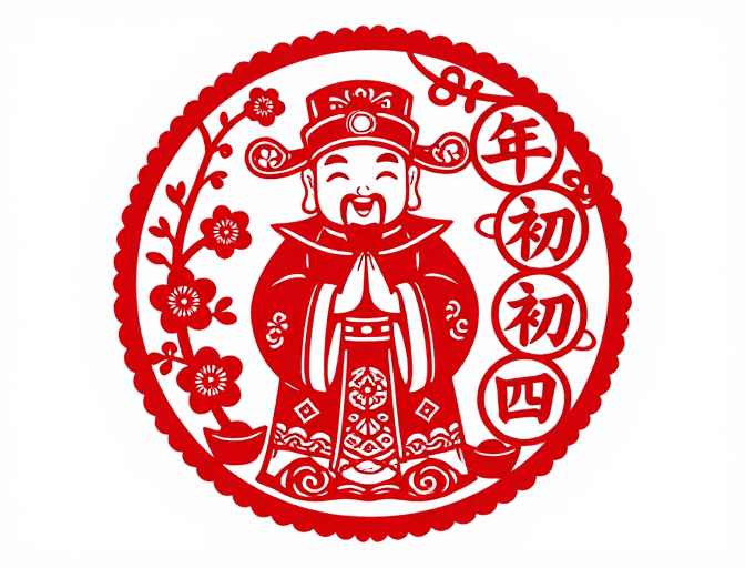 中国风元素素材：红剪迎春：福神年初四吉祥图案