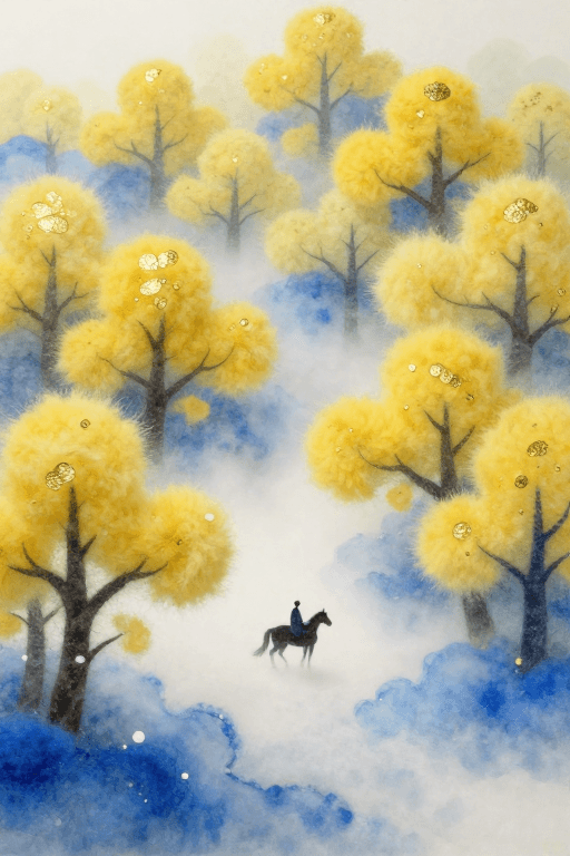一人一马素材：一人一马入雾境：点彩水墨羊毛毡奇幻古风插画