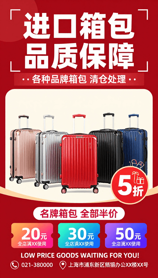 电商海报素材：进口箱包清仓促销海报：品质保障半价特惠