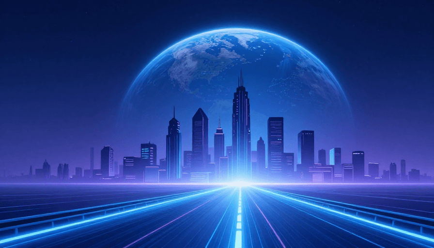 星空夜景素材：未来科幻城市夜景：霓虹与星辉交织的冷调科技宣言