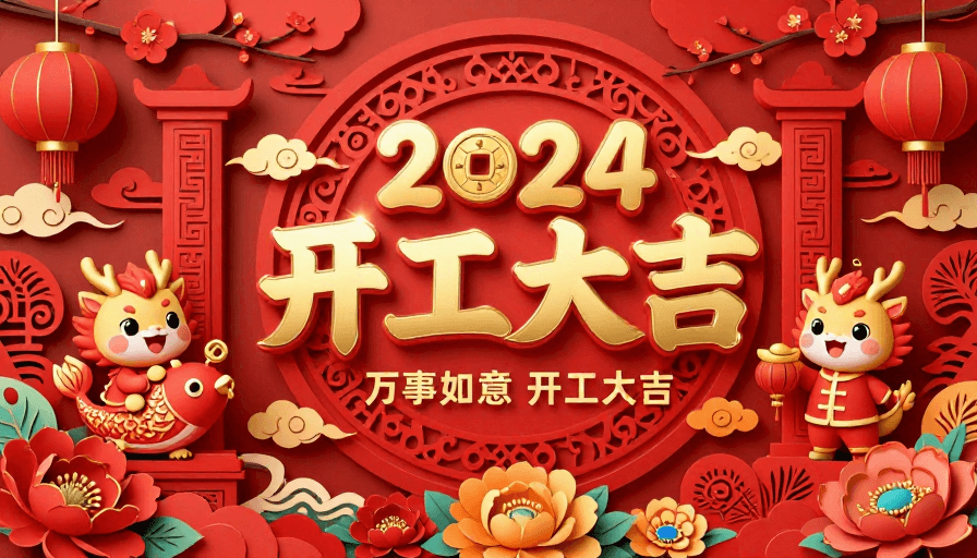 春节元素素材：2024新年开工大吉：金色剪纸风吉祥海报