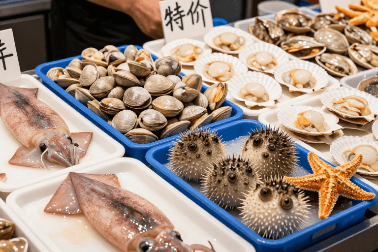 商品展示素材：鲜活海产实拍：海鲜市场摊位特写展示