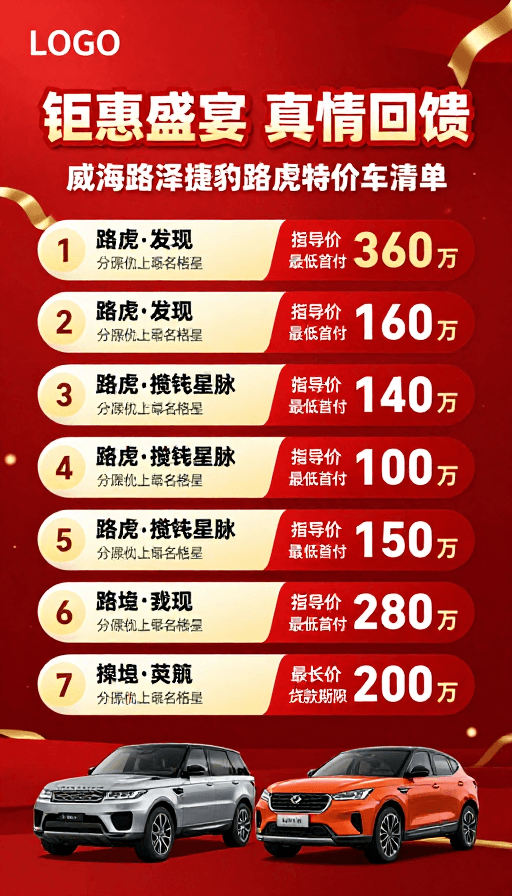 红色渐变背景素材：奢华车型钜惠盛宴 真情回馈海报