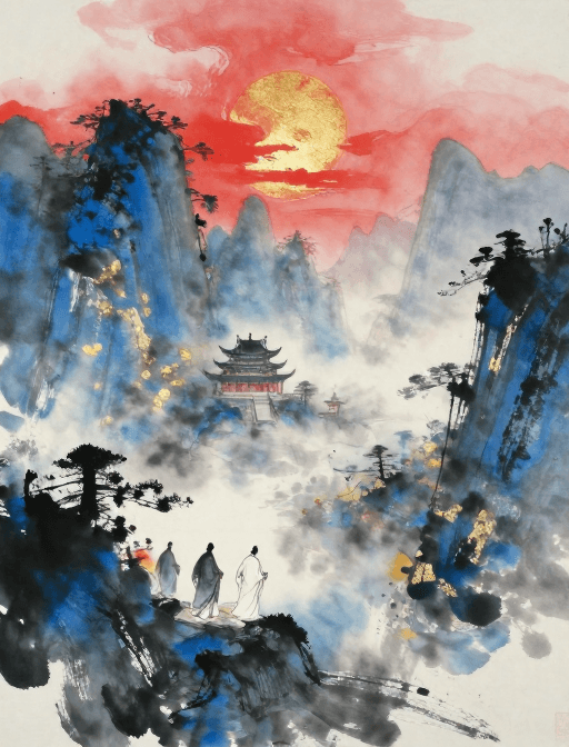 禅意意境素材：晨雾古寺·水墨禅心：僧侣叙事幽蓝传说