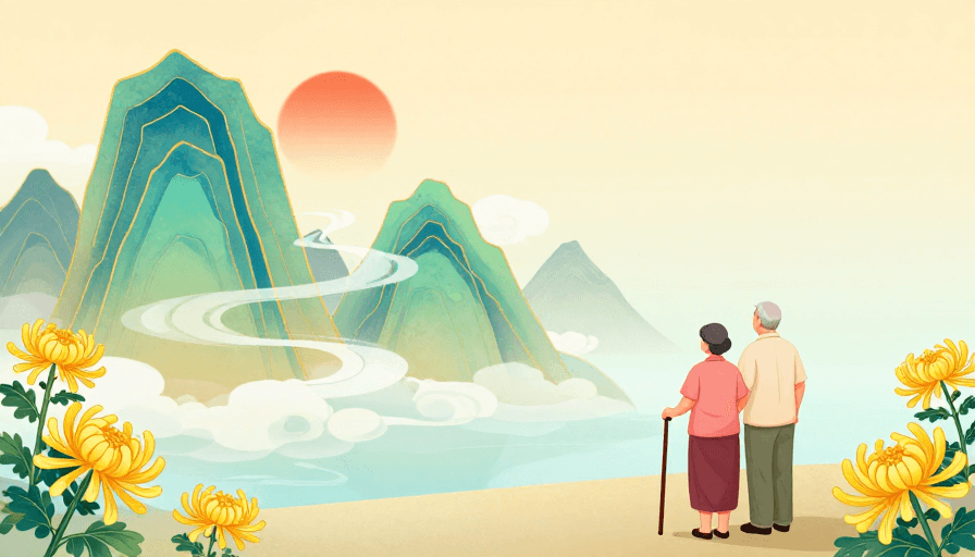 秋日风景素材：青绿山水意境：秋日日落与人文静景