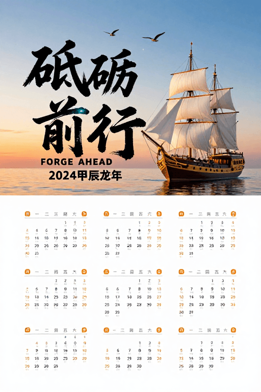 日历海报素材：甲辰龙年启航：水墨流光与远航期许
