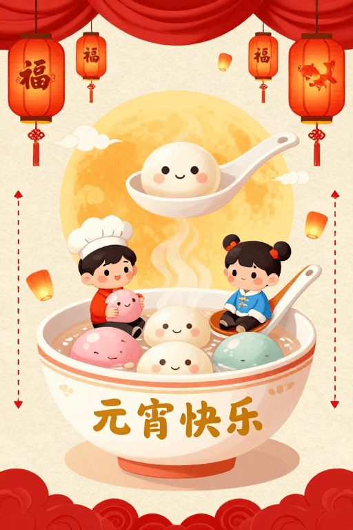 元宵节素材：元宵佳节温馨国风插画，童趣盎然传递祝福