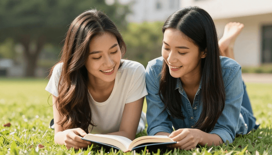 浅景深人像素材：青春共读时光：两位年轻女性在暖阳下共享知识之乐