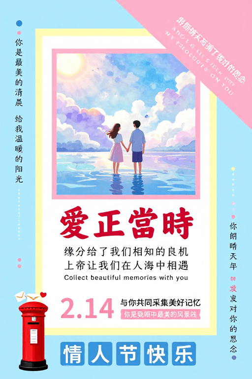 情人节素材：清新马卡龙风情人节浪漫水彩情侣海报插画