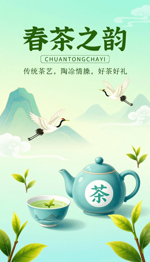 国风插画素材：清新国风春茶海报，展现传统茶艺韵味